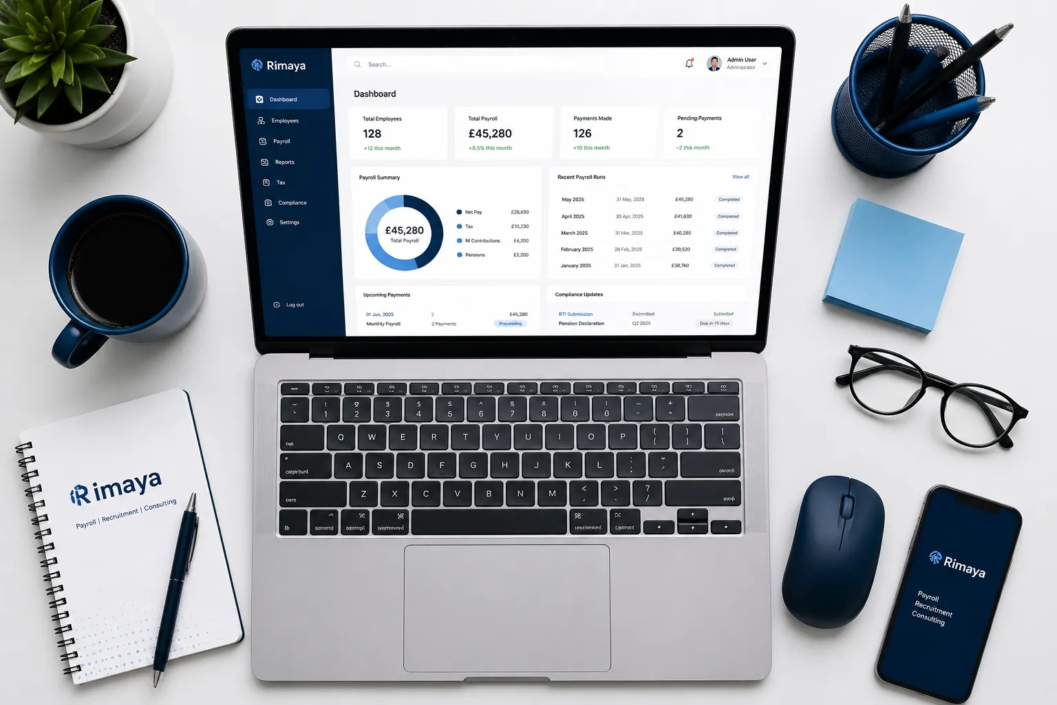 The Rimaya payroll dashboard open on a laptop, showing employee totals, payroll summary, and compliance updates